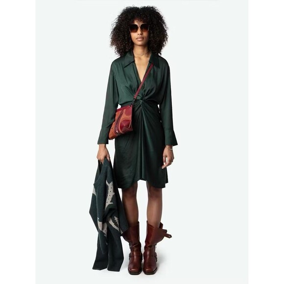 ZADIG & VOLTAIRE Rozo Satin Dress Draped Waist Deep Neckline 3/4 Sleeves Size XS - Picture 1 of 16